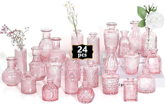 24PCS Mini Bud Vases As Wedding Centerpieces for Tables,Clear Bud Vases for Flowers,Small Flower Vases Suitable for Birthday Party,Anniversary,Wedding Reception,Baby Shower (Pink, 24PCS)