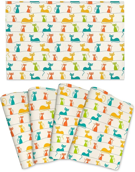 Mid Century Modern Cats Placemats Set of 4, Linen 12"x18" Cute Place Table Mat Washable Heat Resistant for Kitchen Dining Holiday Party Home Decor
