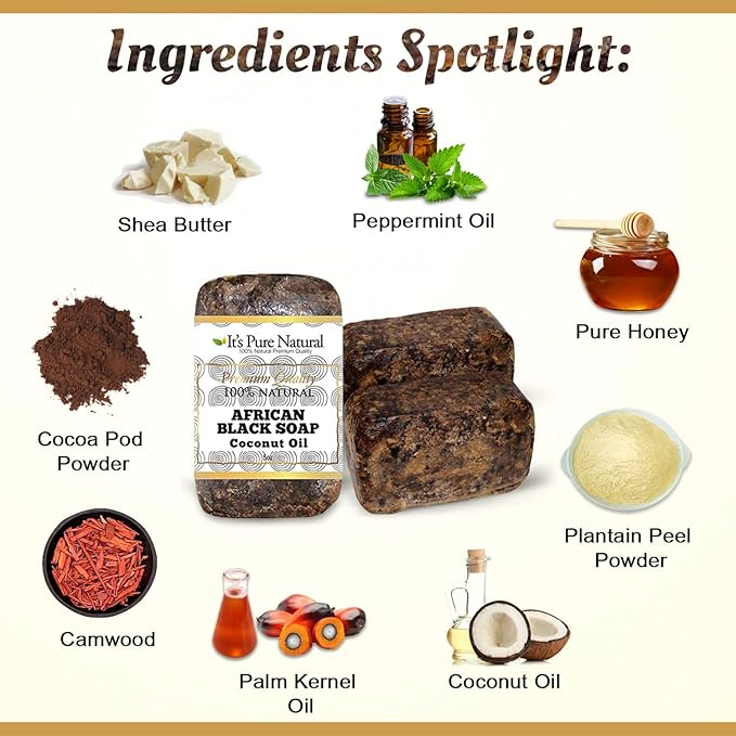 It's Pure Natural African Black Soap Bars with Coconut Oil (Pack of 3) Organic Raw Soap for Face & Body, Acne Treatment & Dark Spot Remover [Made in Ghana]