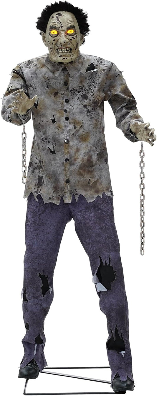 Haunted Hill Farm Motion-Activated 6-Ft. Tall Guard Zombie, Plug-in Scare Prop Animatronic with Spooky Sound Effects and Lights for Indoor or Covered Outdoor Creepy Halloween Decoration