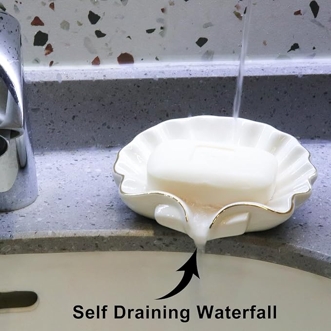 Seashell Style Ceramic Self Draining Soap Dish Waterfall Soap Dish Soap Savers for Bathroom,Shower,Bar Counter