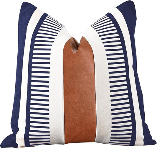 Farmhouse Throw Pillow Covers for Couch Sofa Decorative Faux Leather Square Cushion Cover Tribal Stripe Accent Pillow Case 18 x 18 Inch, Navy Blue