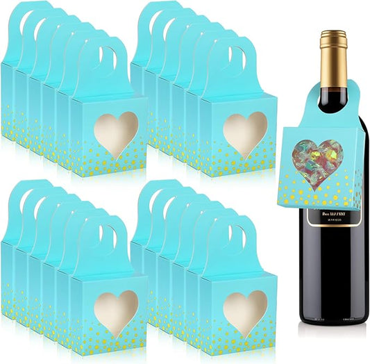 Megitzuu 50 Pieces Wine Bottle Box with Window, Blue Wine Boxes for Gifts Hanging Foldable Wine Gift Boxes Kraft Paper Wine Bottle Hanger Favor Box for Holding Candy Truffles Chocolate Cookies