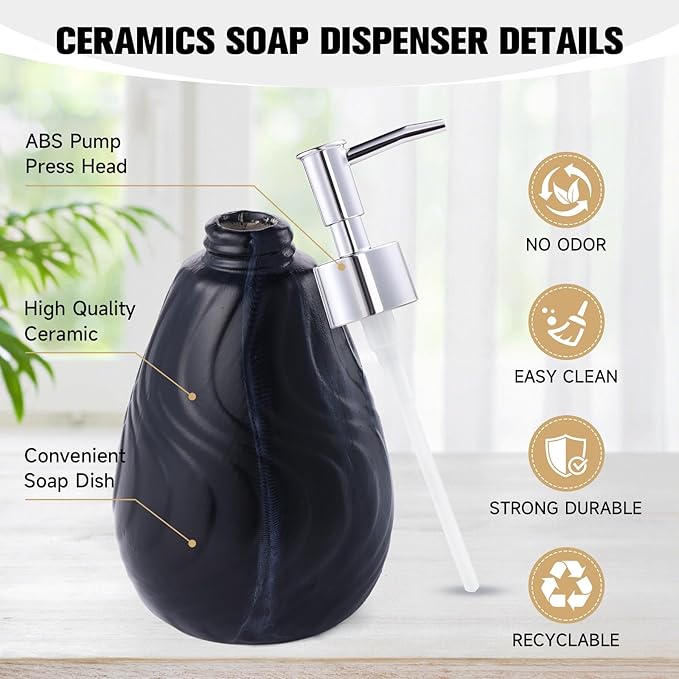 Ceramic Soap Dispenser and Soap Dish Set, Marbled Elegant Bathroom Decor with Non-Slip Base, Modern Hand Wash Bottle & Soap Tray for Bathroom Sink Countertop, Kitchen, Spa (Black)