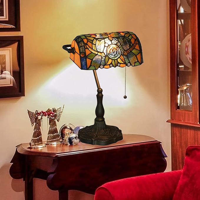 Tiffany Style Bankers Table Lamp Stained Glass Piano Desk Lamp Vintage Bedroom Bedside Lamp for Study,Antique Alloy Base,Zipper Switch,Dragonfly b