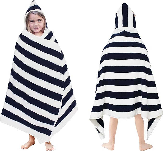 Hooded Bath Towel Wrap - 100% Cotton Terry Large Oversized Hooded Kids Towel - Toddler Shower Pool Beach Towel - Soft Plush Absorbent Quick Dry Easy Care Gift - 30x60- Cabana Stripe Blue