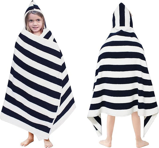 Hooded Bath Towel Wrap - 100% Cotton Terry Large Oversized Hooded Kids Towel - Toddler Shower Pool Beach Towel - Soft Plush Absorbent Quick Dry Easy Care Gift - 30x60- Cabana Stripe Blue