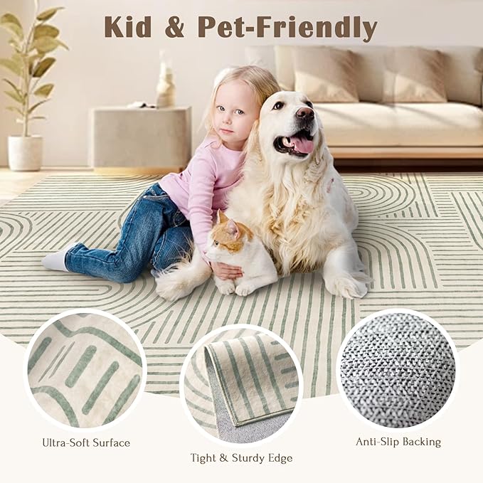 Washable 4x6 Area Rug - Boho Living Room Rug Stain Resistant Soft Modern Rugs for Bedroom Ultra-Thin Sage Green Abstract Rainbow Dining Room Rugs Indoor Carpet for Living Room Nursery Room