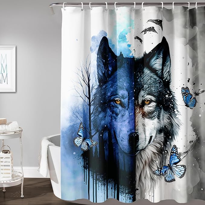 AILONEN Wolf Print Shower Curtain for Boys Men,Watercolor Wolf Bath Curtain 72" W*78" H Animal Wolf Bathroom Curtain Polyester Waterproof Wildlife Bathroom Curtain with 12 Hooks