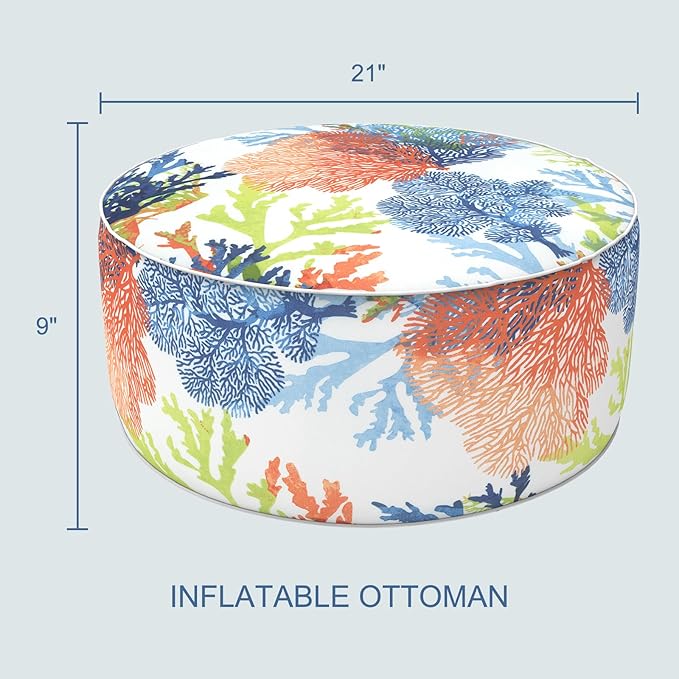 LVTXIII Outdoor Inflatable Ottoman, Patio Fade-Resistant Footrest Stool with Handle, Portable Round Ottoman Pouf for Patio Garden, Camping or Home Use, 21"x21"x9", Coral Multi