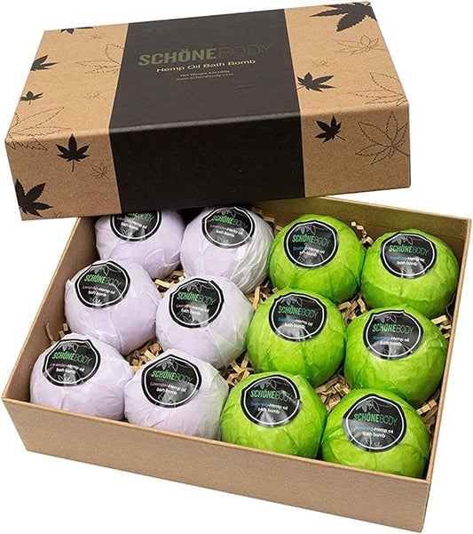 Hemp Bath Bombs by Schone Body, 2 Relaxing Scents of Refreshing Mint and Hemp Oil and Soothing Lavender and Hemp Oil. Made with Pure Essential Oil Vegan Set (Large 12 Pack, Bath Bombs), Green