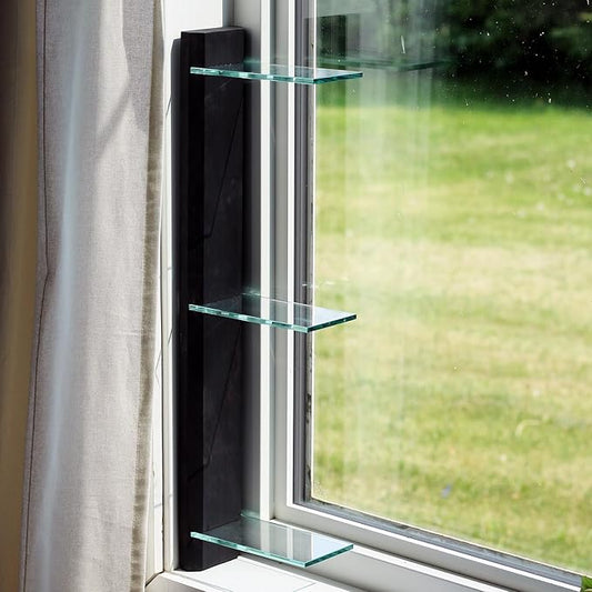 Daniel's Plants 3 Tiered Window Sill Plant Shelf (Real Wood & Glass) | Renter Friendly Window Shelves | Removable Indoor Plant Stand with Hook-and-Loop | Easy Setup | Solid Wood (Midnight Black)