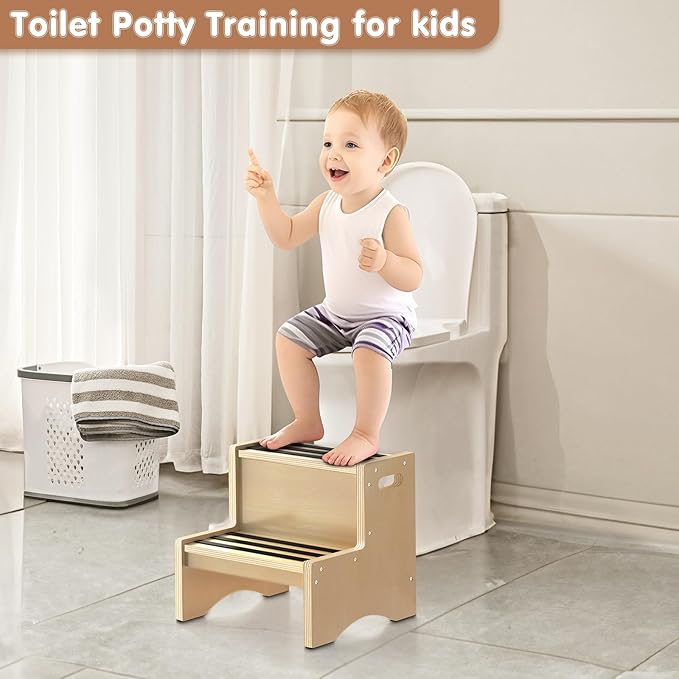 Natural Wooden Step Stool for Kids Toddler Non-Slip Sturdy Two Step Stools with Handles Non-Slip Pads for Child Kids Toddler Kitchen Counter Helper Bathroom Toilet Bed Potty Sink