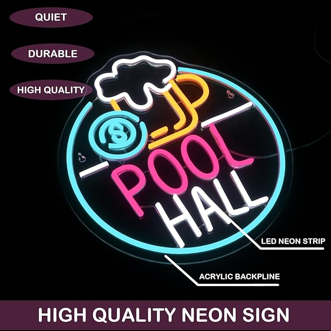 Pool Hall Beer Neon Sign LED Light Sign Wall Decor for Pool Hall, Game Rooms, Bars, Basements & Man Caves USB Powered, Adjustable Brightness Billiards Themed Lighting