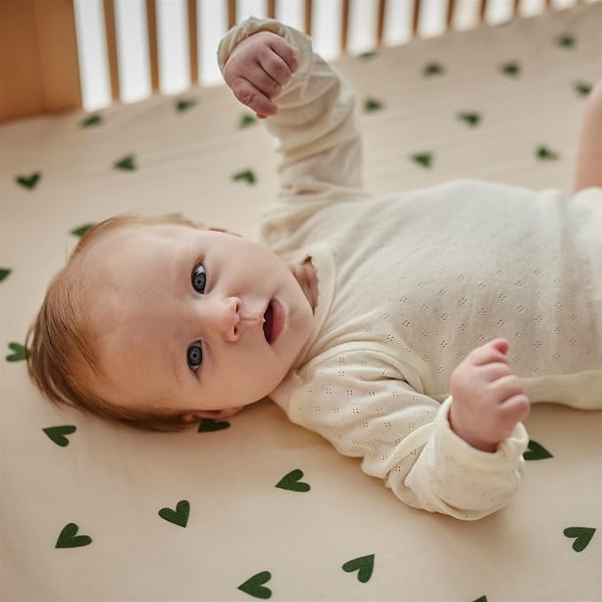 Denmark - Super Soft Muslin Mini Crib Sheets - 24'' x 38'' - 100% Organic Baby Crib Sheets for Boys and Girls (Green Hearts)