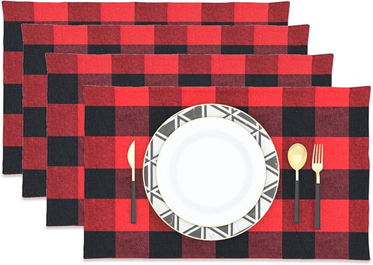 Red & Black 2 Side Cotton Buffalo Check Placemats Set of 4 Heat Resistant Dining Table Place Mats for Kitchen Table, 12 x 18 inches