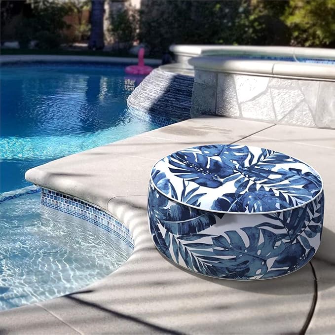 LVTXIII Indoor/Outdoor Inflatable Ottoman, All Weather Round Footrest Stool with Handle, D21”x H9” Portable Fade Resistant Pouf Ottoman for Patio Garden Camping or Home-Palm Blue