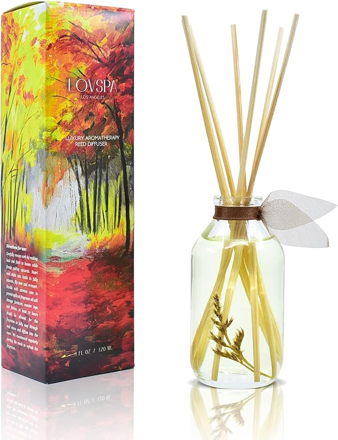LOVSPA Cashmere Woods Reed Diffuser Set - Woods, Lavender, Lilac & Vanilla Fall Scent Diffuser - Reed Diffusers for Home with Long Lasting Fragrance - Non-Toxic Oil Reed Diffuser - Made in The USA