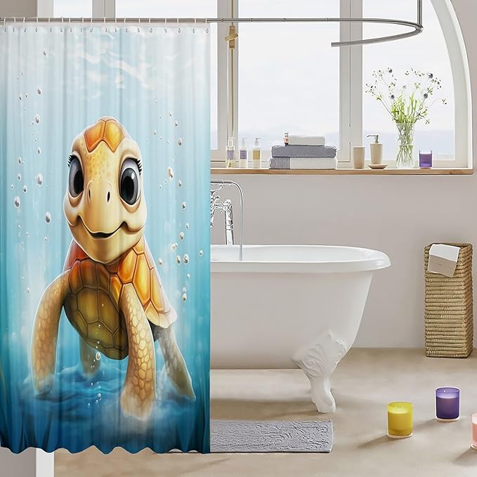 Feelyou Cute Sea Turtle Shower Curtain Kids 3D Print Fabric Shower Curtain Ocean Animal Bathroom Waterproof Accessories with 12 Hooks for Women Men Ocean Theme Curtains,72x78 Inches