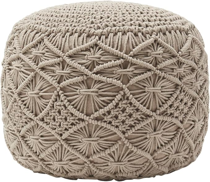 Ornavo Home Pouf Ottoman Foot Rest - 100% Cotton Pouffe - Hand Knitted Macrame Braid - Boho Round Stuffed Ottoman for Living Room, Bedroom - Beige