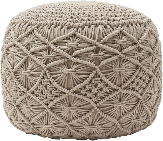 Ornavo Home Pouf Ottoman Foot Rest - 100% Cotton Pouffe - Hand Knitted Macrame Braid - Boho Round Stuffed Ottoman for Living Room, Bedroom - Beige