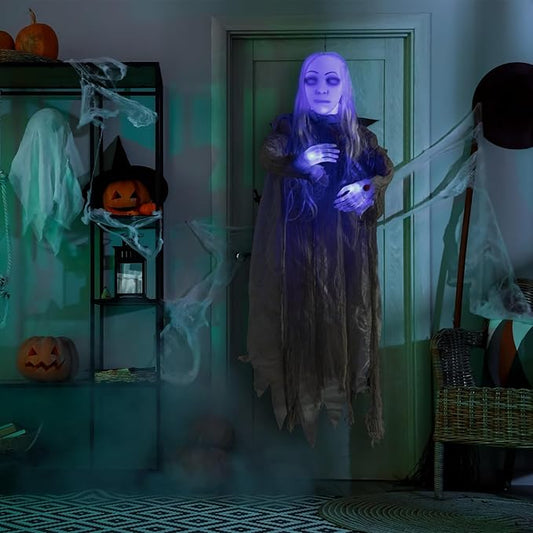 HollyHOME Animated Hanging Ghost with Glowing Head and Creepy Sounds Female Ghost Halloween Decorations Outdoor Haunted House Prop Decor 48 Inch