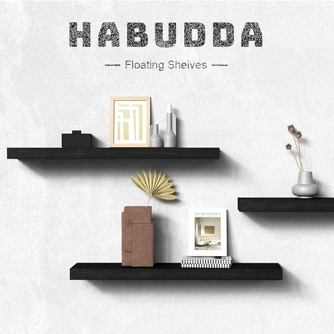 Habudda Floating Shelves, 35.5 Inches Wall Shelf for Rustic Home Decor, Bathroom, Bedroom, Kitchen, Natural Solid Wood, Invisible Bracket, 2 Pack