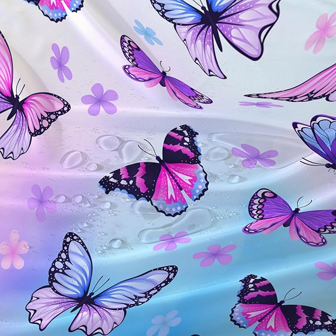 AILONEN Pink Butterfly Girls Shower Curtain for Bathroom Decor,Beautiful Floral Butterfly Women Butterfly Bath Curtain 72" W*72" H Polyester Waterproof Bathroom Curtain with 12 Hooks