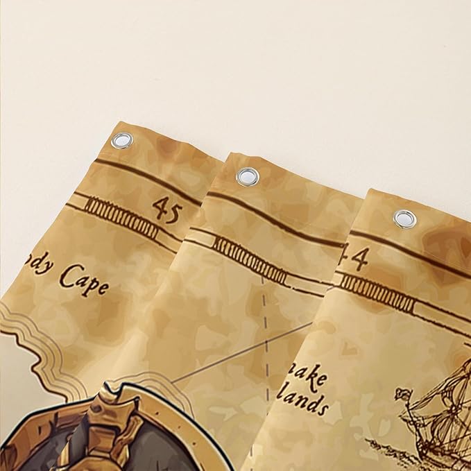AILONEN Pirate Skull Shower Curtain for Bathroom,Vintage Ocean Nautical Bath Curtain Decoration,Pirate Captain Old Map Print Waterproof Shower Curtain with 12 Plastic Hooks, 72" W*72" H