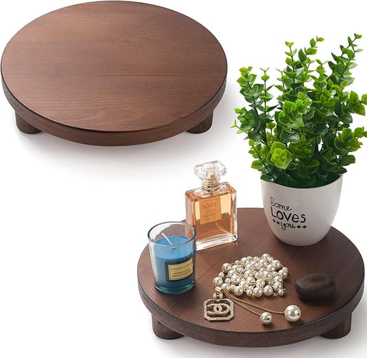 Wood Riser for Decor, 2 Pack Wood Pedestal Stand for Display, Round Wooden Tray for Kitchen Counter, Wooden Pedestal Stand for Plant Pot Indoor (Round - Brown)