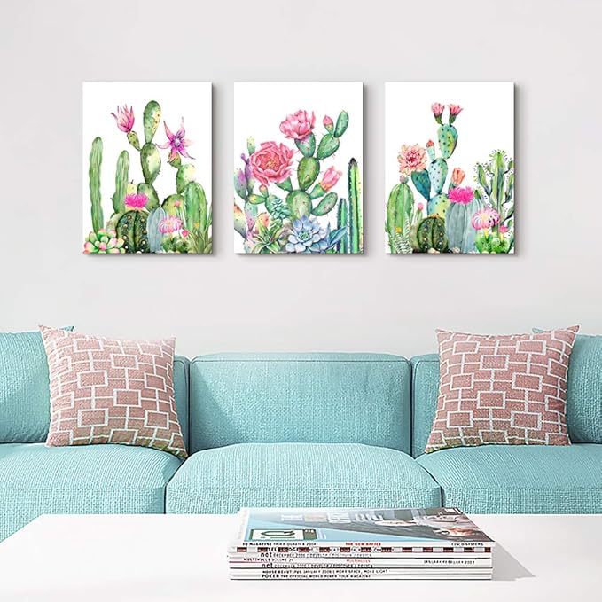Canvas Wall Art for living room bathroom Wall Decor for bedroom kitchen artwork Canvas Prints green cactus flowers painting 12" x 16" 3 Pieces Modern framed office Home decorations family picture