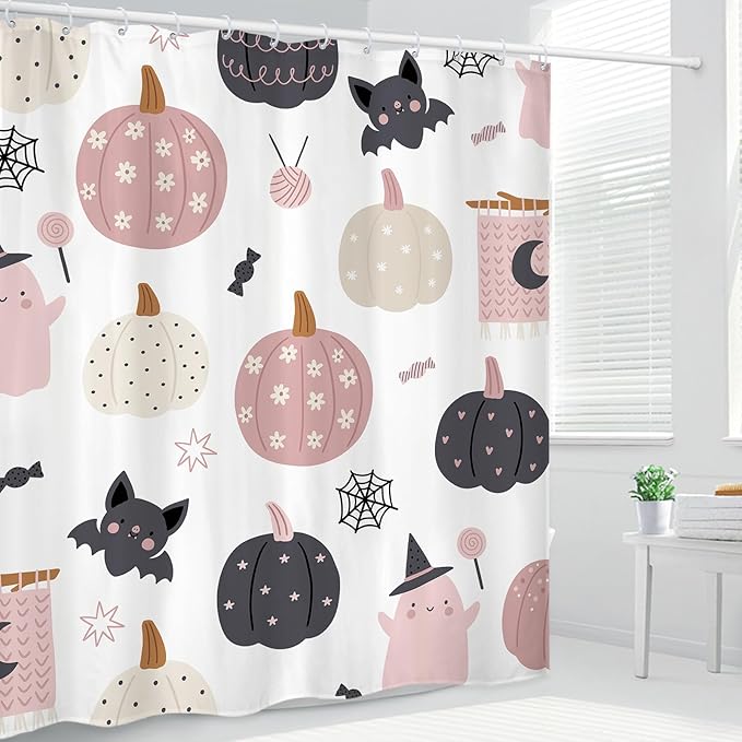 Girls Halloween Pumpkin Shower Curtain 60Wx72L Inch Cute Spooky Ghost Bat Cartoon Kids Holiday Bathroom Set Accessories Decor Polyester Waterproof with 12 Pack Hooks