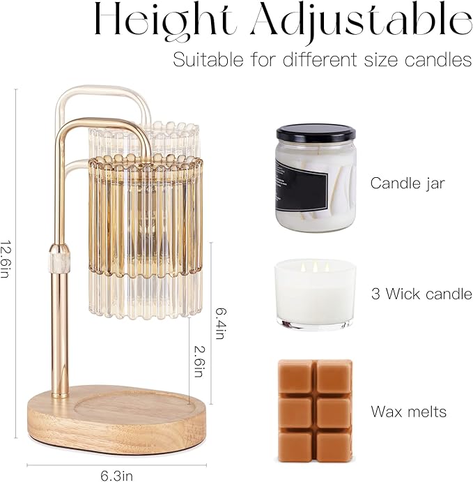 Candle Warmer Lamp with Timer: Gold Candle Warming Lamp with 2 Bulbs Height Adjustable Wax Melt Warmer Dimmable Modern Bedroom Decor Gift for Women