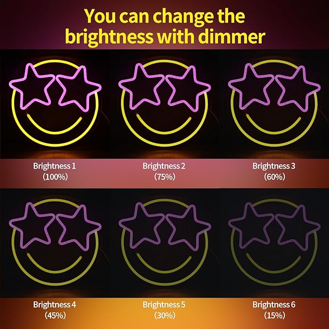 Smile Face Neon Sign, Wootfairy Led Neon Signs for Wall Decor, Dimmable Neon Light for Bedroom, Gaming Room, Kids Room, Bar Decoration, Yellow and Pink Light Up Signs for Wedding Birthday Party
