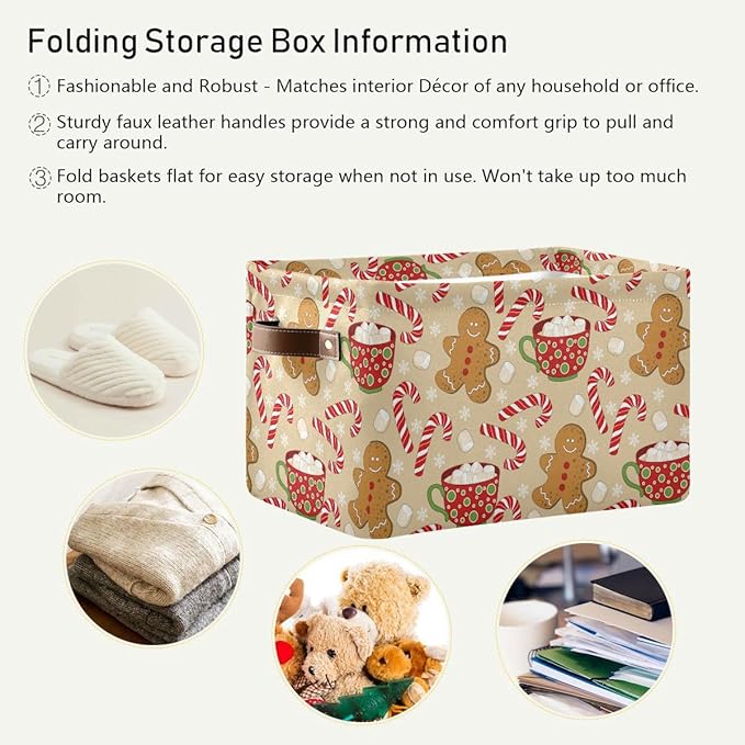 Christmas Gingerbread Man Storage Basket Fabric Kitchen Baskets Xmas Candy Cane Winter Snowflake Open Home Storage Bins Boxes Foldable Organizer Bag for Gift Book Shelf Closet Baskets 16×12×8 Inches