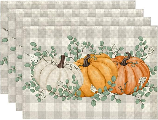 Artoid Mode Orange Pumpkins Eucalyptus Leaves Fall Placemats Set of 4, 12x18 Inch Seasonal Autumn Table Mats for Party Kitchen Dining Decoration