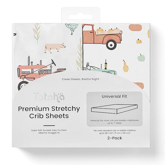 TotAha Crib Sheets for Boys, Premium Stretchy Farm Crib Sheet Fitted, Buttery Soft Truck Crib Mattress Sheets, Calming Effect, All-Season Jersey-Knit 28 X 52 X 9'' Extra Deep Pocket (Farm & Pumpkin)