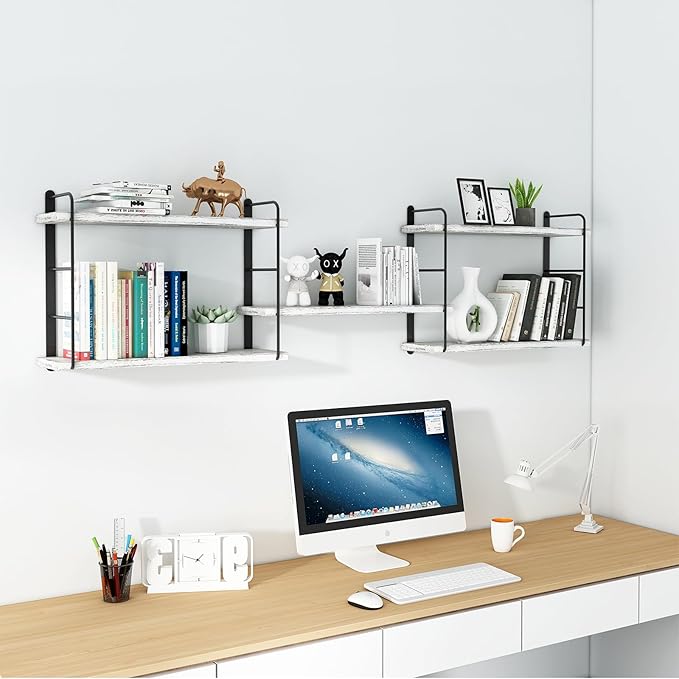 Wall Mounted Floating Shelves, Wall Shelves, Rustic Wall Decor Wood Shelves for Bedroom, Living Room, Bathroom and Kitchen Storage, Easy Installation (5, Washed White)