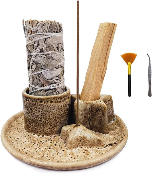 Sage and Palo Santo Holder,4 in 1 Incense Burner Holder for Sticks,Ceramic Sage Holder for Burning,Candle Holder,Ash Catcher Tray for Meditation Yoga,Speckled White