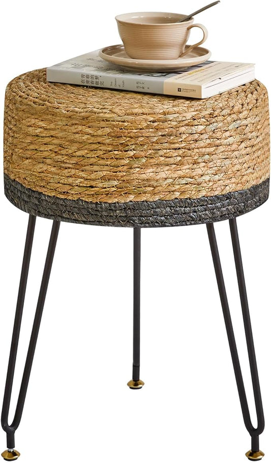 YMYNY Pouf Ottoman, Handmade Natural Water Hyacinth, Pastoral Style Footrest, Footstool with 4 Metal Legs Round Vanity Stool for Bedroom, Hallway, Living Room 12.59"L×12.59"W×17.71"H Black UHBD029B