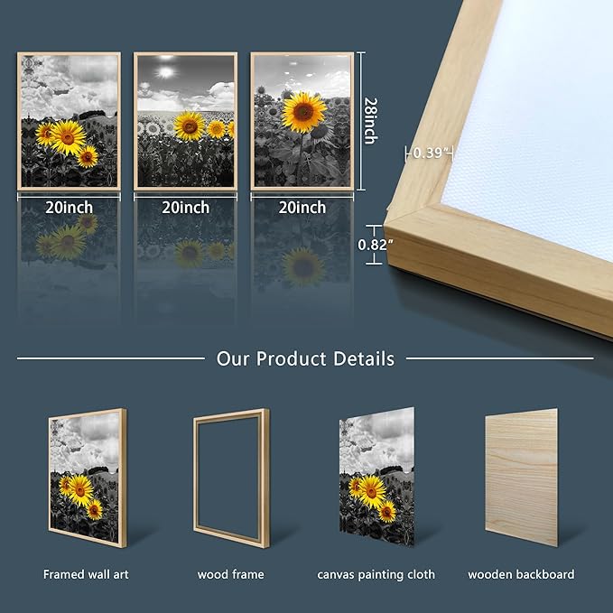 hyidecorart Natural Framed Wall Art For Living Room Large Wall Decor For Kitchen Sunflower Flowers Wall Paintings Black And White Wall Pictures Artwork Bedroom Room Decor Set of 3 Piece Prints Art