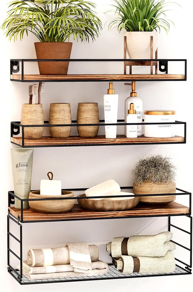 Wall Mounted Bathroom Shelves Over Toilet, Farmhouse Wall Floating Shelf with Guardrail, Bathroom Decor for Bedroom Living Room Kitchen, Dark Brown (16.2 Inch Set of 3)