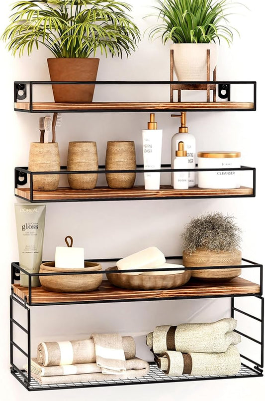 Wall Mounted Bathroom Shelves Over Toilet, Farmhouse Wall Floating Shelf with Guardrail, Bathroom Decor for Bedroom Living Room Kitchen, Dark Brown (16.2 Inch Set of 3)