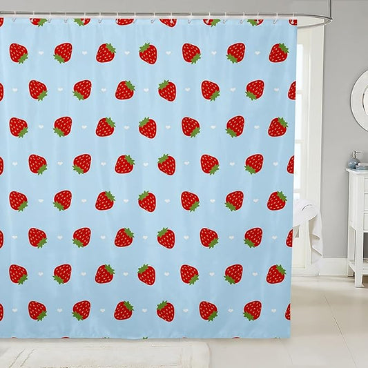 Feelyou Strawberry Fabric Shower Curtain Blue Shower Curtain for Kids Boys Girls Kawaii Fruit Bathroom Waterproof Accessories with 12 Hooks Cute Curtains,72x78 Inches