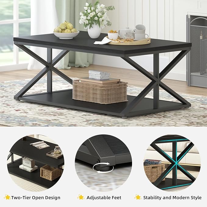 Modern Coffee Table with Storage, Farmhouse Living Room Table, Minimalist Rectangle Center Table, Industrial Vintage Wood Tea Table, 39 Inch, Black Oak