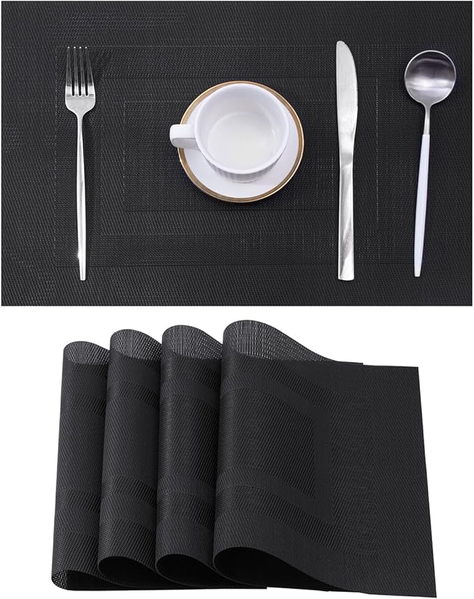 Leetaltree Black Frame Placemats Set of 4 - Heat Resistant Non-Slip Place mats for Dining Table, Washable Durable PVC Vinyl Woven Table Mats（Black Frame, 4）