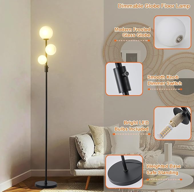 Fiqevs Upgraded Dimmable 3 Globe Mid Century Modern Floor Lamp, 3 x 800LM LED Bulbs Included, Matt Black Standing Lamp with Sphere Glass Shade, Vintage Tall Lamp for Living Room, Bedroom Office