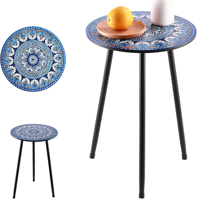 1 Pack Metal Mosaic Round Side Table 13.4" Small End Table for Patio Round Accent Garden Corner Stand for Small Spaces Weather-Resistant for Balcony Plant Stand Indoor Outdoor