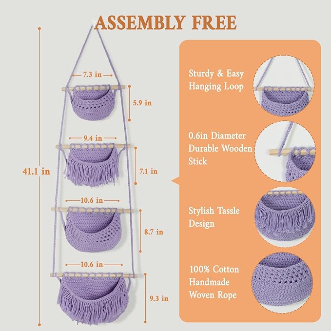 4 Tier Hanging Fruit Basket for Kitchen, Purple Boho Cotton Crocheted Produce Holder for Bathroom Bedroom, Detachable Wall Hanging Basket Shelves Over Door Organizer for Fruit Veggie Plant