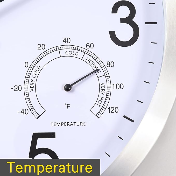 12 Inch Wall Clock with Temperature & Humidity, Battery Operated Aluminum Frame Wall Clocks, Sweep Silent Movement Accurate Clocks for Home Housewarming Xmas New Year Present